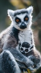 Obraz premium Gentle mother lemur embraces her baby a tender wildlife portrait full of serene forest light
