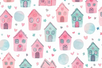 Fototapeta premium Charming pattern featuring whimsical watercolor houses in pastel pink and teal, scattered on white.