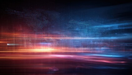 Abstract digital world map with light trails and dark background.
