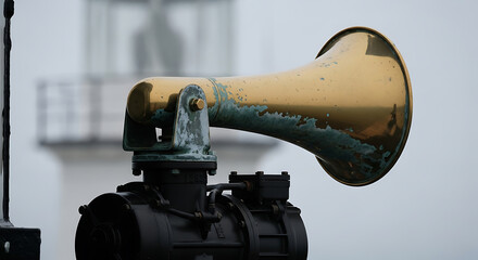 Maritime foghorn on lighthouse with aged brass and weathered patina for safety at sea