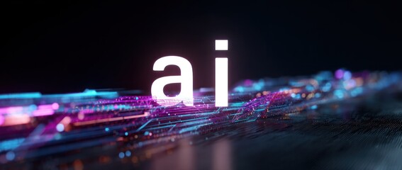 Glowing ai text above abstract digital data stream background