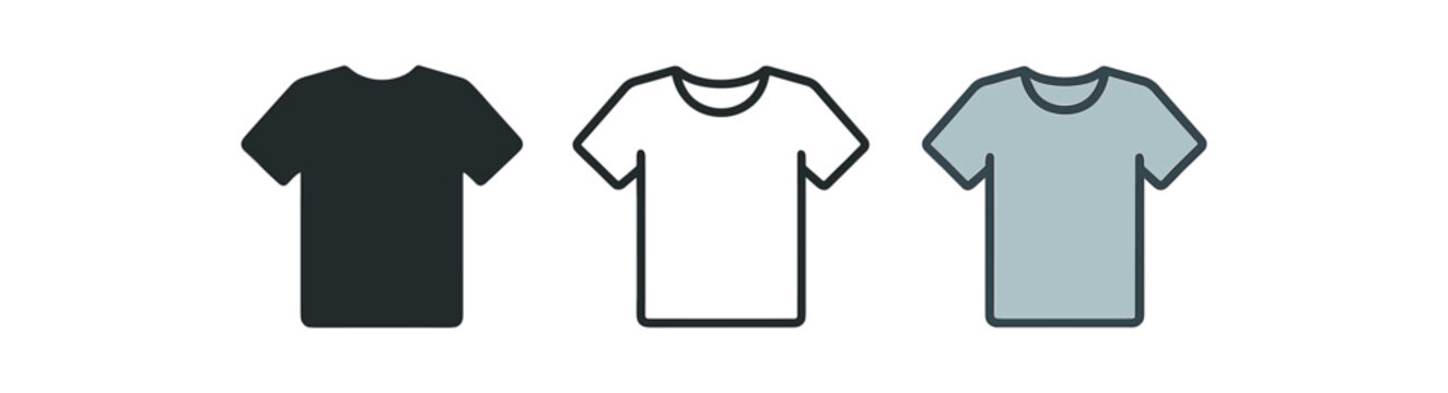 t shirt icons three t shirt icons one flat solid monochrome one thin black outline black and white one full color flat icon pastel color minimal fashion style