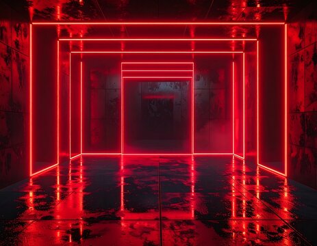 Red neon lights frame a dark, wet corridor. Reflective floor