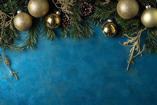 Golden ornaments and pine branches create a festive border on a vibrant blue background for holiday celebrations and winter gatherings.