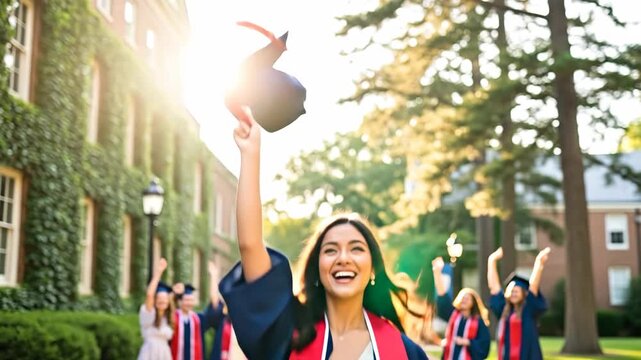 Young woman celebrating graduation with cap toss and happy expression, group of students in background, achievement footage.