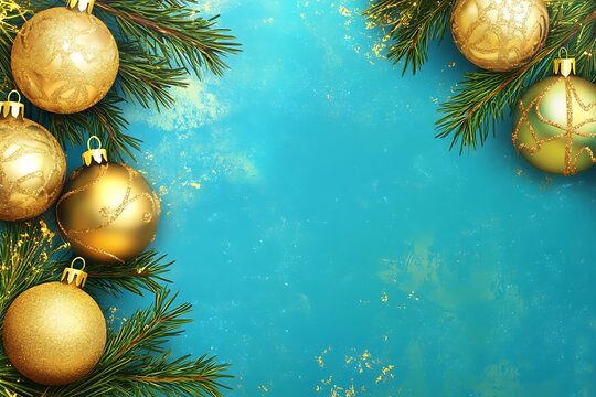 Golden ornaments and pine branches create a festive border on a vibrant blue background for holiday celebrations and winter gatherings.