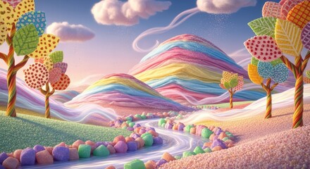 Whimsical candy land landscape with rainbow mountains and a sweet flowing river under a dreamy sky.
