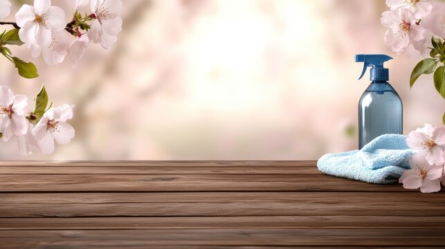Blossoms accentuate a clean workspace with a spray bottle and cloth, highlighting the freshness and charm of spring cleaning