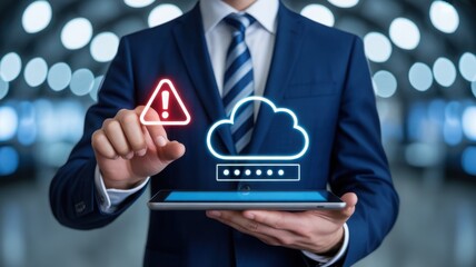 Cybersecurity and data protection concept: a businessperson in a suit interacting with a tablet that displays cloud and warning signs