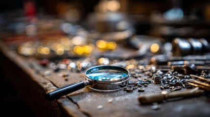 Close-Up of a Magnifying Glass on a Rustic Workbench Surrounded by Vintage Tools and Miscellaneous Metal Objects in a Workshop Setting
