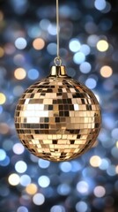 Obraz premium A shimmering gold disco ball glistens as it reflects a dazzling array of colorful lights at a lively evening festivity