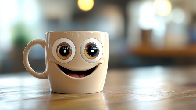 3D cartoon coffee cup with smiling face, large expressive eyes, and cheerful character design sitting on a colorful table surface