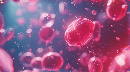 Red blood cells flowing in a vein or artery. 3D illustration of microscopic erythrocytes in plasma. Medical and healthcare science background