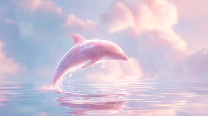 Playful pink dolphin leaping from sea against fantasy pink sky background. 