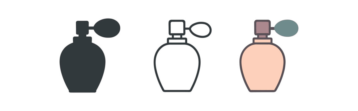 perfume bottle icons three perfume bottle icons one flat solid monochrome one thin black outline black and white one full color flat icon soft pastel tones elegant look