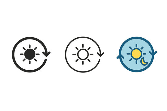 daily routine icons three simple circular arrows around tiny sun or moon one flat solid monochrome one thin black outline black and white one full color flat icon and blue