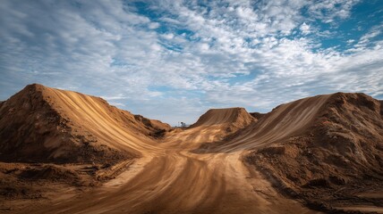 Fototapeta premium Section of the monster truck track with massive dirt ramps and clear tire marks, capturing the scale and rugged detail of an outdoor dirt racing course