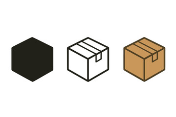 Obraz premium cargo box icons three closed cardboard box icons with simple tape line one flat solid monochrome one thin black outline black and white one full color flat icon warm kraft brown