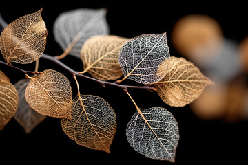 Aspen autumn leaf branch with delicate leaves in the shade of grey and gold, macro photography, close-up, black background.