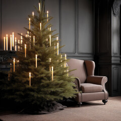 Naklejka premium Christmas tree with glowing candles beside classic armchair in elegant dark living room, cozy and festive holiday atmosphere