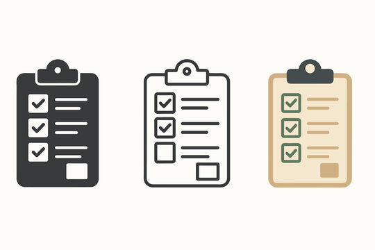 inventory clipboard icons three clipboard icons with checkmark list and small box one flat solid monochrome one thin black outline black and white one full color flat icon beige board and