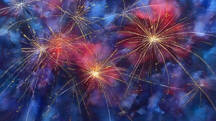 Magical fireworks illuminate a vibrant Eastern night sky watercolor painting full of wonder