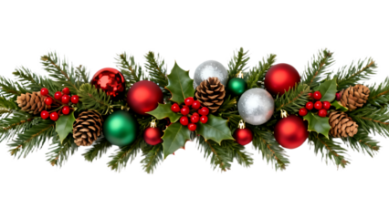 Christmas Branches Border with Christmas Decorations on Transparent Background