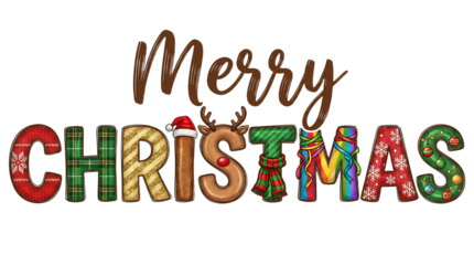 Merry christmas and happy new year. Hand drawn doodle text with Santa hat, antler and garlands. Christmas design for poster, banner, t shirt, card, flyer.