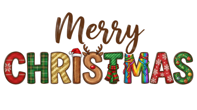 Merry christmas and happy new year. Hand drawn doodle text with Santa hat, antler and garlands. Christmas design for poster, banner, t shirt, card, flyer.
