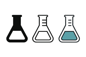 lab flask icons three conical flask icons with liquid level one flat solid monochrome one thin black outline black and white one full color flat icon clear glass and colored liquid