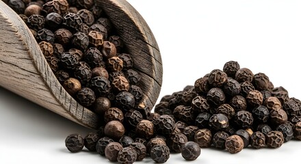 Black peppercorns spilling from rustic wooden scoop