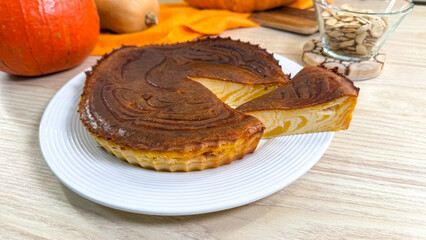 Swirling pumpkin pie, autumnal harvest delight, cinnamon-spiced comfort, rustic Thanksgiving warmth, cozy mystery of fall flavors, Halloween treat