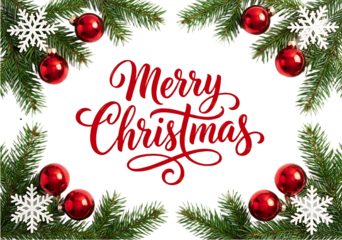 Merry christmas frame isolated on transparent background, featuring festive fir branches, ornaments, and snowflakes for a joyful holiday greeting card design