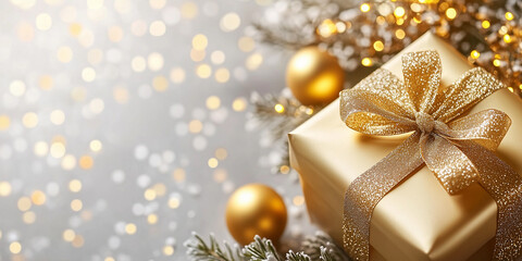 Merry Christmas and Happy Holidays greeting card, frame, banner. New Year. Golden Christmas decorations, gift box, present on gold glitter bokeh background. Winter xmas festive celebration theme.