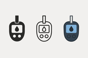 glucometer icons three blood glucose meter icons with droplet symbol one flat solid monochrome one thin black outline black and white one full color flat icon dark body and blue accent