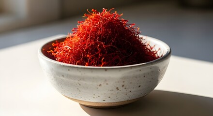 Saffron threads in ceramic bowl on table