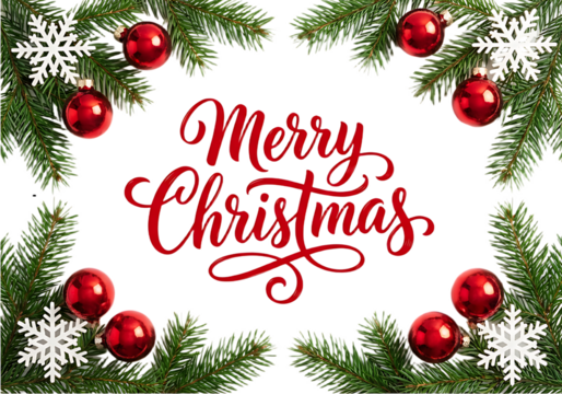 Merry christmas frame isolated on transparent background, featuring festive fir branches, ornaments, and snowflakes for a joyful holiday greeting card design