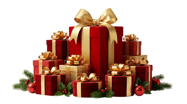 Festive christmas gift arrangement with decorative gold bows and ribbons against isolated backdrop