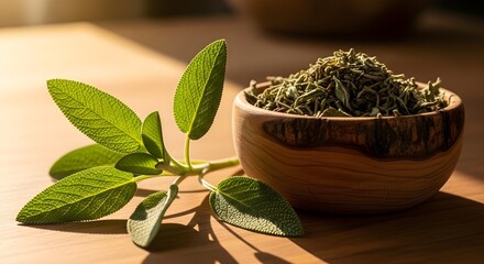 Fresh sage leaves and dried sage herbs