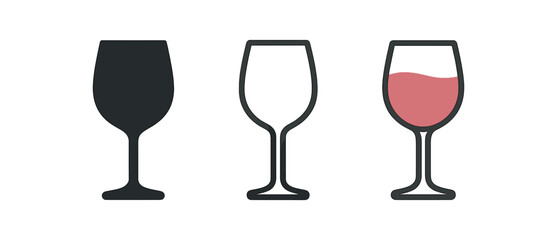 wine glass icons three wine glass icons one flat solid monochrome one thin black outline black and white one full color flat icon with rose drink