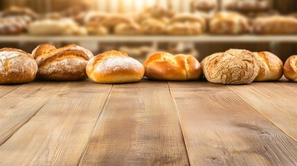 Freshly baked bread loaves displayed on a wooden table in a warm bakery setting during the afternoon