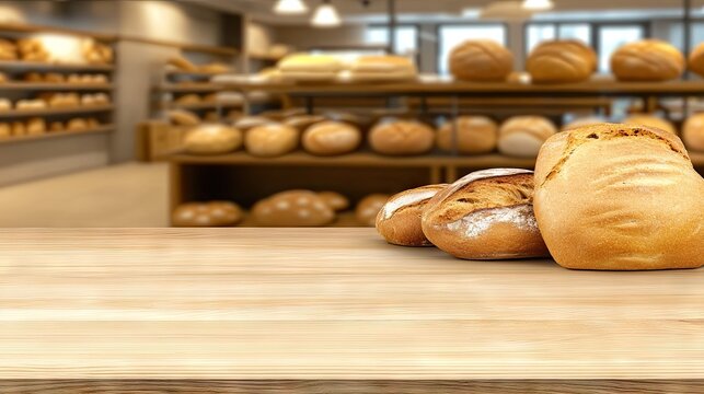 In a charming bakery, an array of freshly baked bread loaves is beautifully displayed, with many different varieties in the background