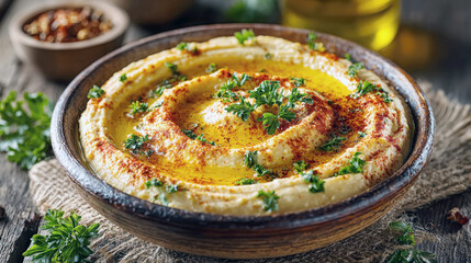 creamy hummus drizzled with olive oil, sprinkled with paprika and fresh parsley in a rustic bowl. Represents healthy eating, vegan food, appetizers, mediterranean cuisine, traditional recipes, dips.