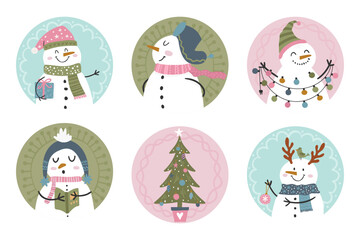 Fun hand drawn snowman design with cute decorations - cute collection of christmas stickers - vector