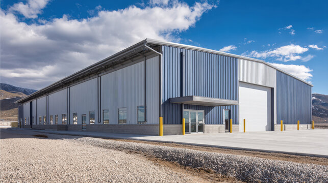industrial warehouse or storage building with blue and white corrugated metal siding, large entry doors. Represents commerce, logistics, distribution, storage, industrial real estate investment.