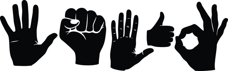 Obraz premium Human hands showing various gestures including open palm, fist, thumbs up, and okay sign in black silhouette vector illustration 
