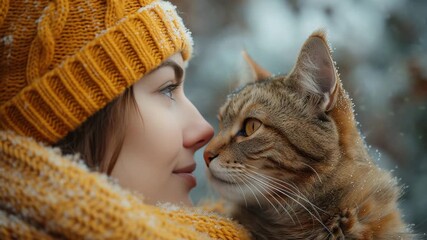 woman with cat outside in winter