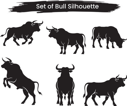 Vector Silhouette Set of Six Charging Bulls and Oxen in Various Powerful Poses