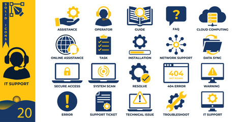 IT support vector icons set featuring technical assistance, troubleshooting, secure access, online help, system error, cloud computing, and network tools