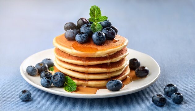 stack of blueberry pancakes topped with syrup and fresh berries